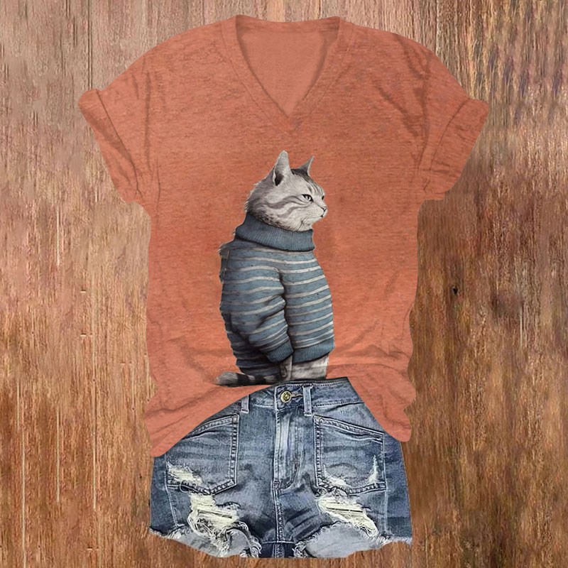 Cute Striped Sweater Cat Print V-neck T-shirt