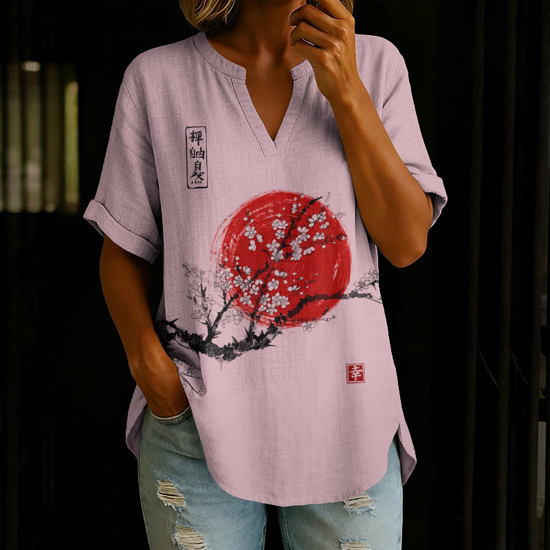 Women's Sunrise Japanese Art Print Print Short Sleeve Casual Blouse - Pink - 5XL - image 3