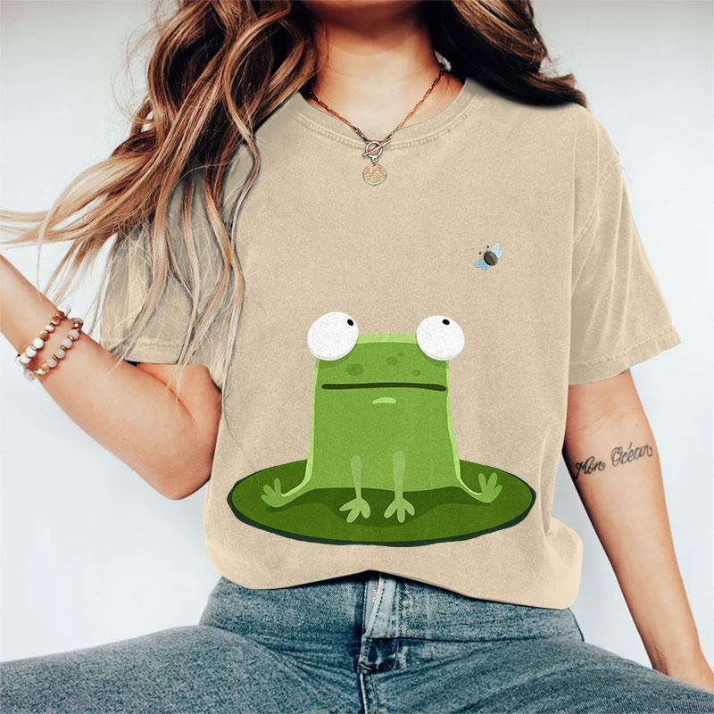 100% Cotton Women's Funny Frog On A Lily Pad Art Print Casual T-shirt - Khaki - 2XL - image 2