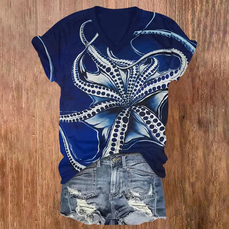 Vintage Ocean Octopus Art Print V-neck T-shirt - Royal Blue - US32-34(5XL) - image 2