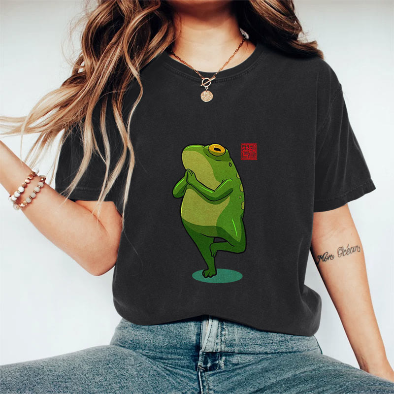 100% Cotton Funny Frog Yoga Art Print Casual T-shirt - Black - 2XL - image 2