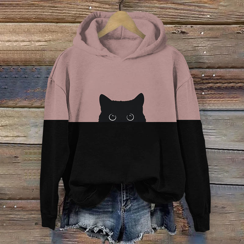 Women's Japanese Funny Black Cat Sticking Out Head Print Long Sleeve Hoodie - Pink - 8XL - image 6