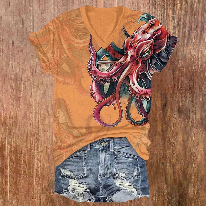Japanese Vintage Octopus Print V-neck T-shirt - Orange - US32-34(5XL) - image 5