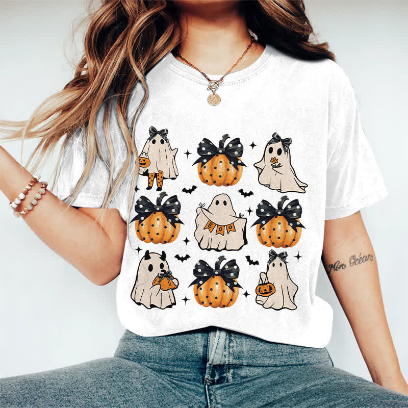 100% Cotton Halloween Girly Ghost & Pumpkin Art Print T-Shirt - White - 2XL - image 6