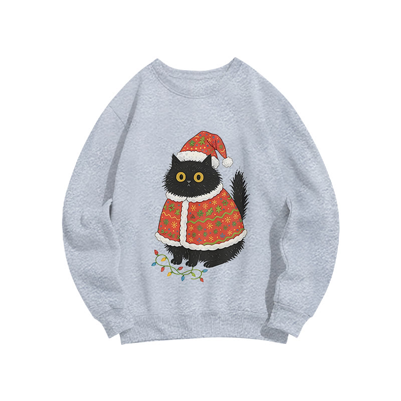 Cute Christmas Hat Black Cat Long Sleeve Sweatshirt - Grey - US16-18(2XL) - image 3