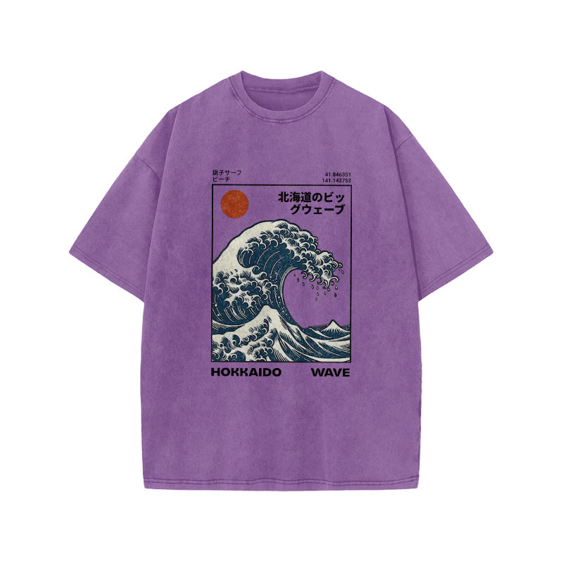 Unisex 100% Cotton Hokkaido Wave Vintage Print Acid Washed T-shirt - Purple - 3XL - image 9