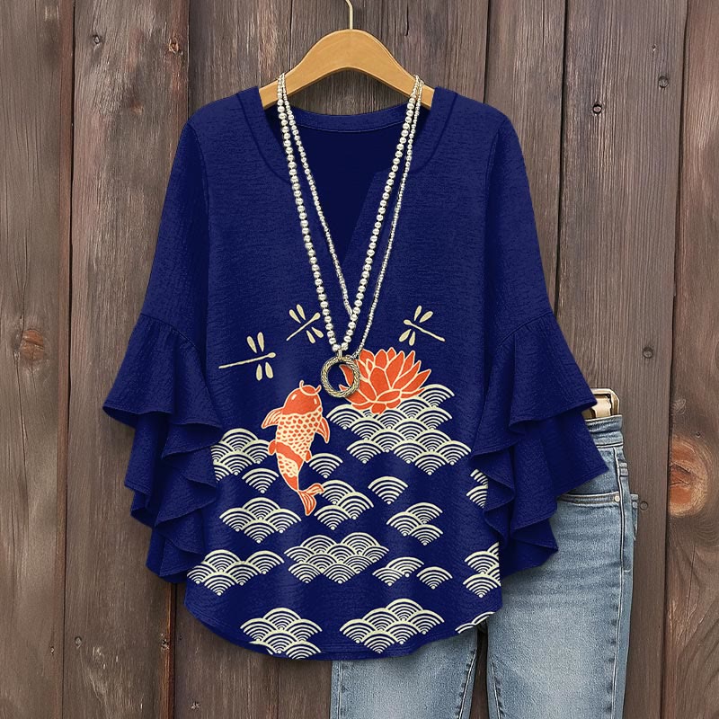 Japanese Style Koi Fish Dragonfly Wave Art Print V-neck Half Sleeve Blouse - Blue - 5XL - image 5