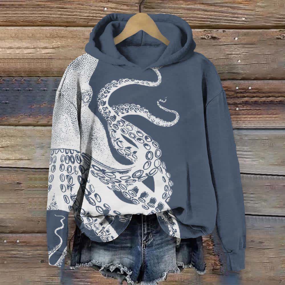 Japanese Art Octopus Graphic Print Casual Long Sleeve Hoodie - Navy Blue - 8XL - image 2