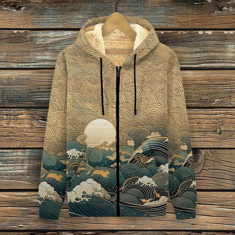 Ancient Japanese Style Wave Print Fleece Jacket - Khaki - 4XL - image 1