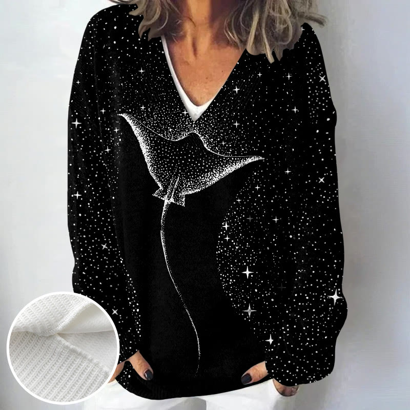Women's Starry Spotted Eagle Rays Print Causal V-neck Pullover Sweater - Black - 4XL - image 2