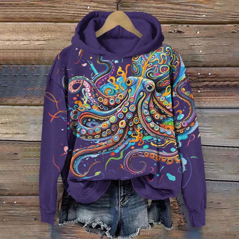 Vintage Rainbow Octopus Art Print Long Sleeve Hoodie - Purple - US44-46(8XL) - image 4