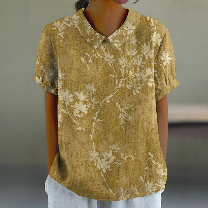 Retro Ginkgo Flower Art Print Casual Lapel Loose Blouse - Yellow - 6XL - image 1