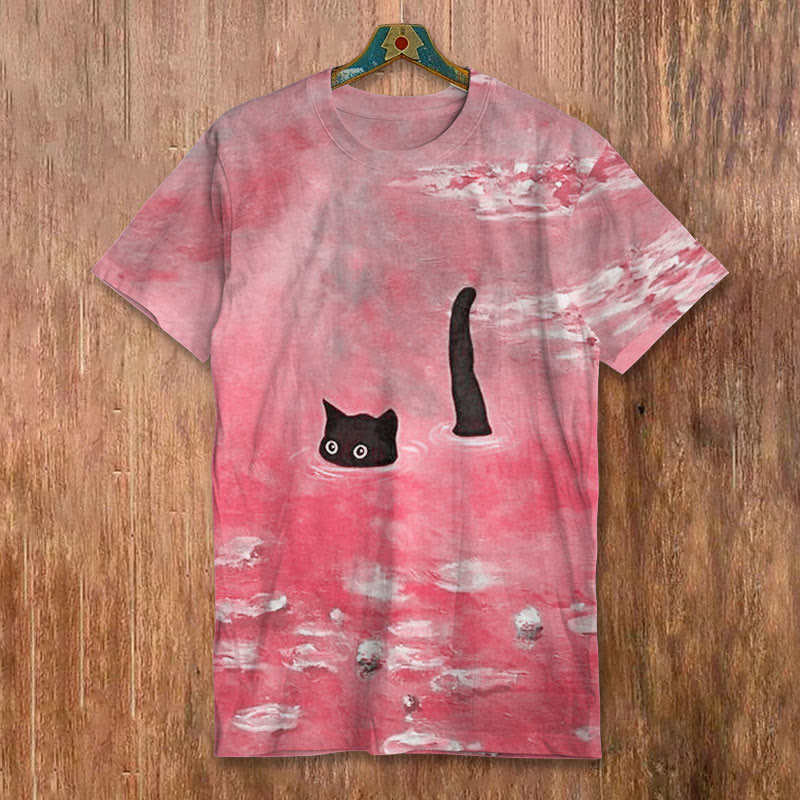 Oil Painting Cat Print Short-sleeved Men's Casual T-shirt