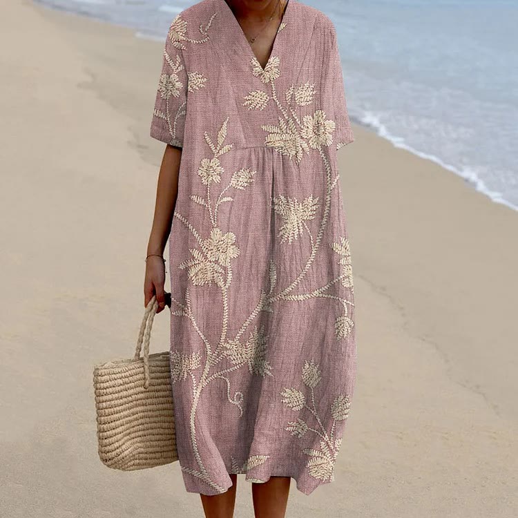 Women's Retro Floral Print Short-sleeved Midi Dress - Pink - 6XL - image 5