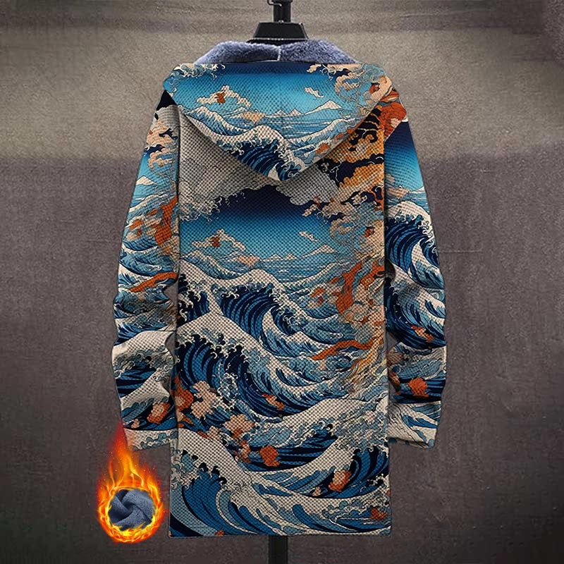 Classic Ukiyo-e Paintings Waves Print Unisex Plush Thick Long-sleeved Fleece Jacket Coat - image 3