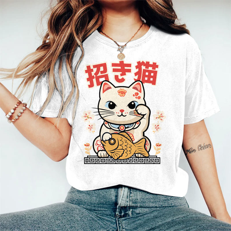 100% Cotton Women's Japanese Lucky Cat Art Print Casual T-shirt - White - 2XL - image 2