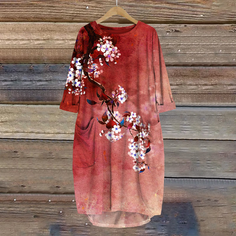 Japanese Antique Pear Blossom Ink Painting Print Crew Neck Dress - Red - 8XL - image 4