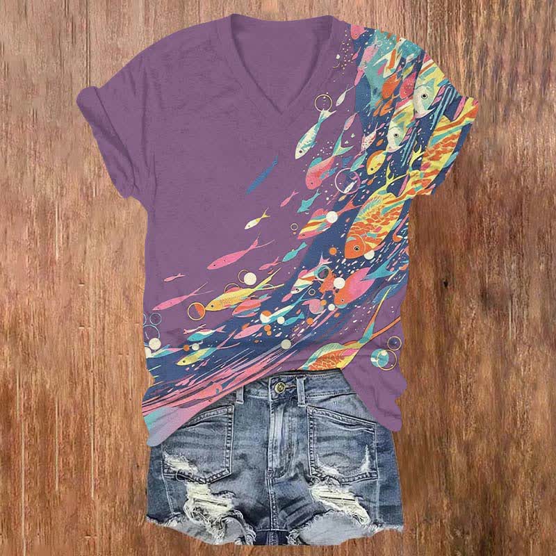 Funny Colorful Fish Surfing Art Print V-neck T-shirt - Purple - US32-34(5XL) - image 3