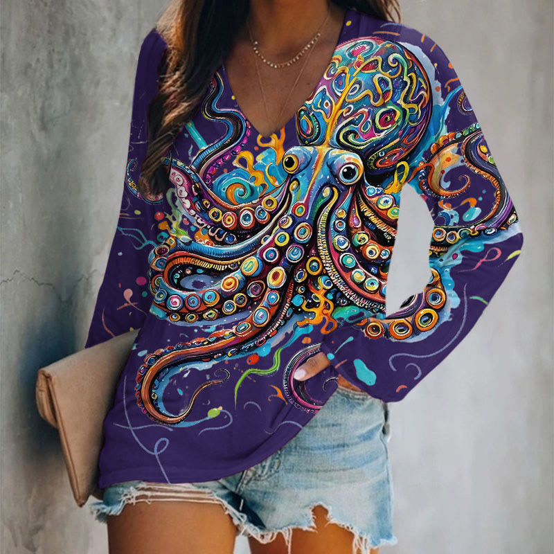 Vintage Rainbow Octopus Art Print Long Sleeve T-shirt - Purple - 5XL - image 7