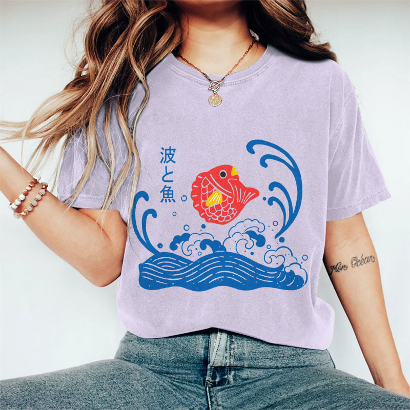 100% Cotton Women's Japanese Lovely Cartoon Koi Art Print Casual T-shirt - Purple - 2XL - image 2