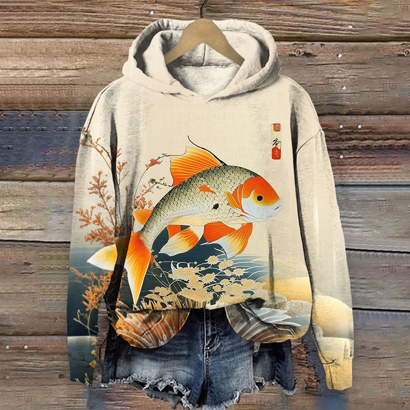 Japanese Koi Print Print Casual Hoodie - Apricot - 8XL - image 1