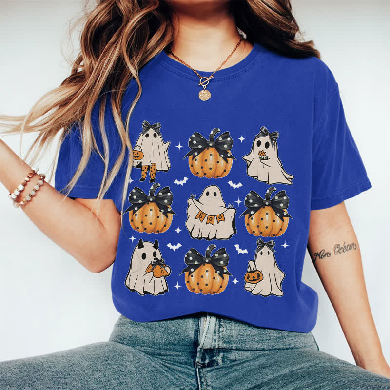 100% Cotton Halloween Girly Ghost & Pumpkin Art Print T-Shirt - Royal Blue - 2XL - image 13