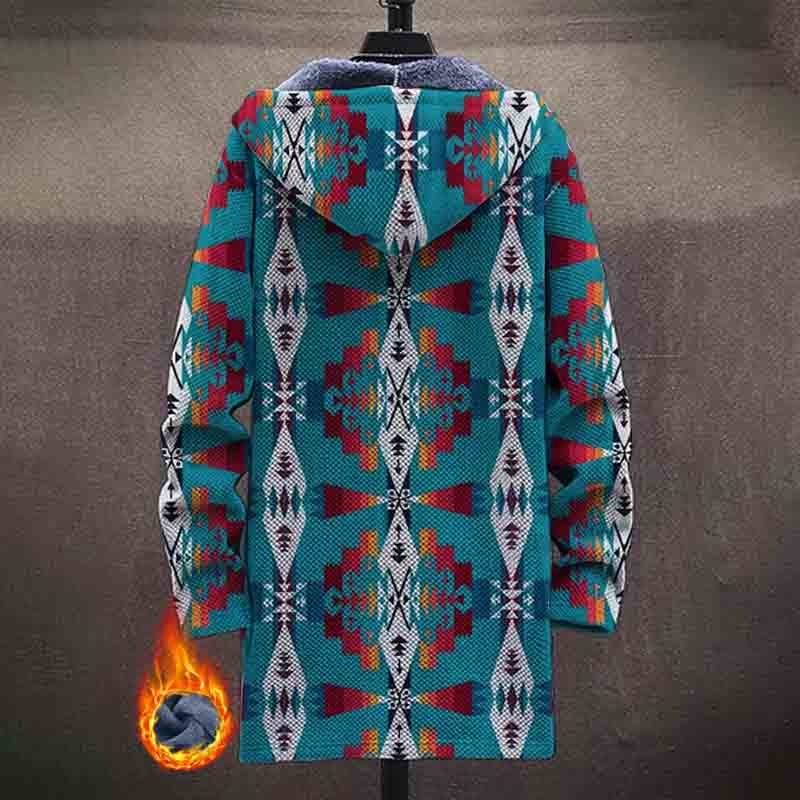 Darkcyan Traditional Folk Geometric Pattern Print Unisex Plush Thick Long-sleeved Fleece Jacket Coat - image 3