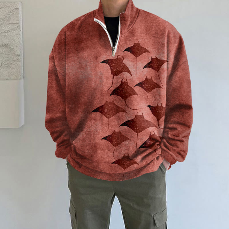 Men's Vintage Manta Ray Art Print Long Sleeve Zipper Sweatshirt - Orange - 5XL - image 9