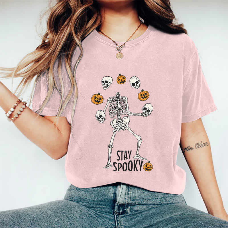 100% Cotton Women's Halloween Funny Stay Spooky Art Print Casual T-shirt - Pink - 2XL - image 11