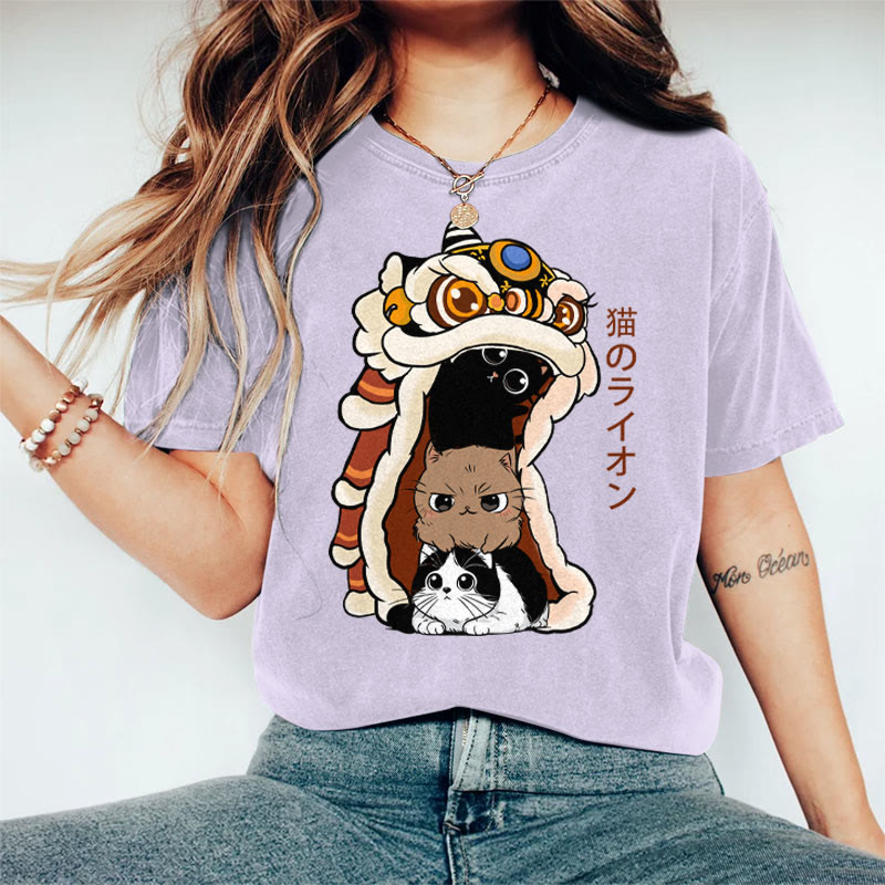 100% Cotton Women's Japanese Creative Lion Dance Cat Art Print Casual T-shirt - Purple - 2XL - image 4