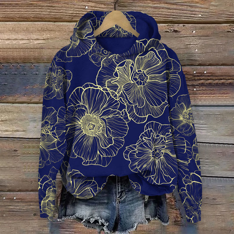 Floral Line Japanese Retro Art Print Long Sleeve Hoodie - Navy Blue - 8XL - image 5