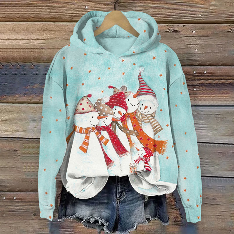 Christmas Snowmen Wearing Scarves And Snow Hats Lining Up Print Long Sleeve Hoodie - Light Blue - US44-46(8XL) - image 2