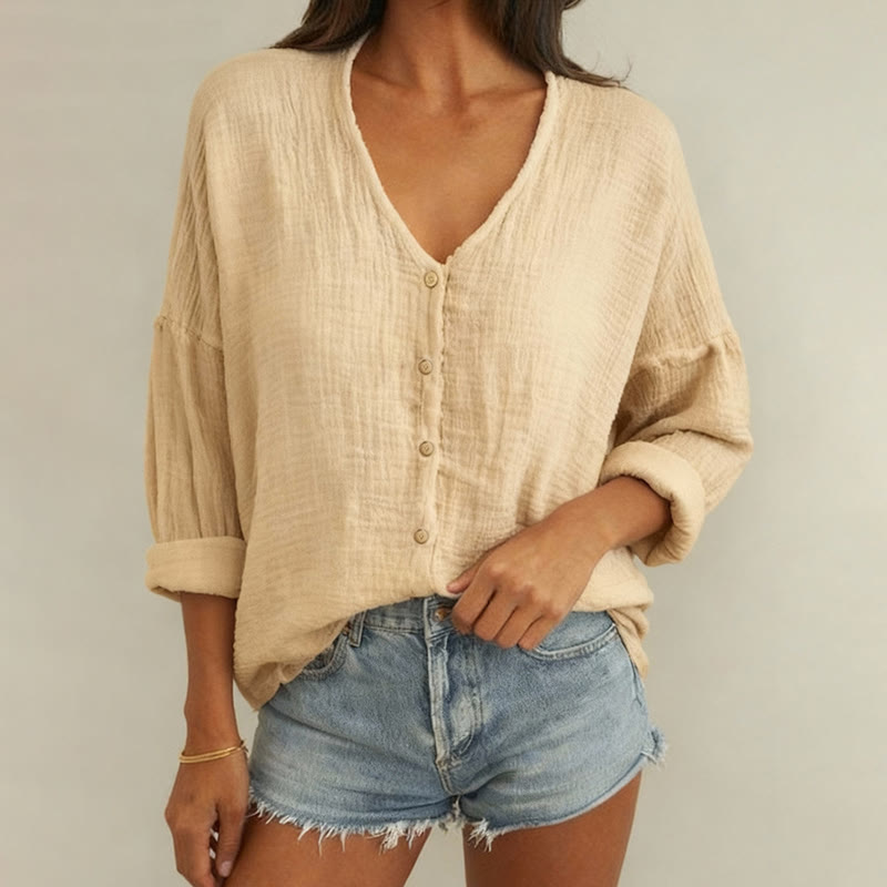 Solid Casual V-neck Long Sleeve Blouse - Apricot - 3XL - image 3