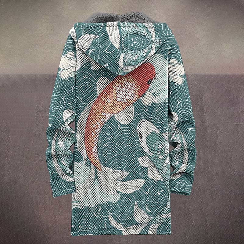 Retro Watercolor Red Koi Carp Print Unisex Plush Thick Long-sleeved Fleece Jacket Coat - image 4
