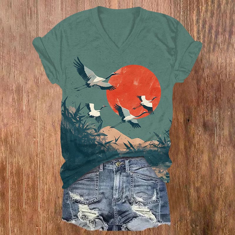 Vintage Cranes Flying Under The Sun Art Print T-shirt - Green - US32-34(5XL) - image 2