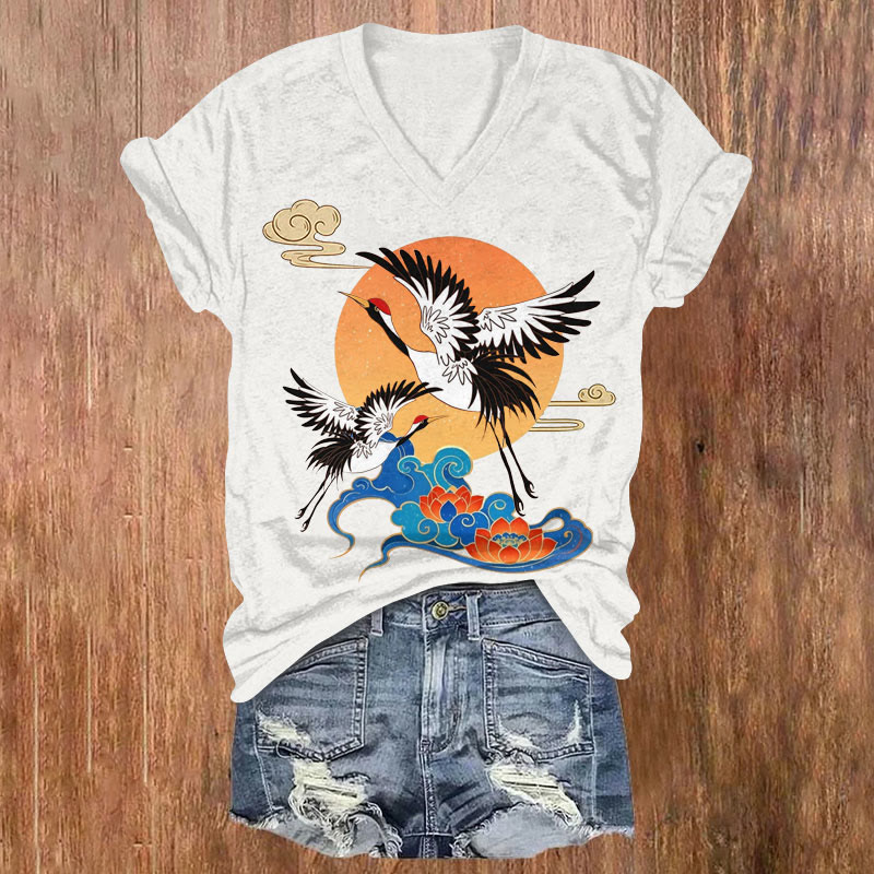 Japanese Serenity Cranes At Sunrise Art Print V-neck T-shirt - White - US32-34(5XL) - image 3