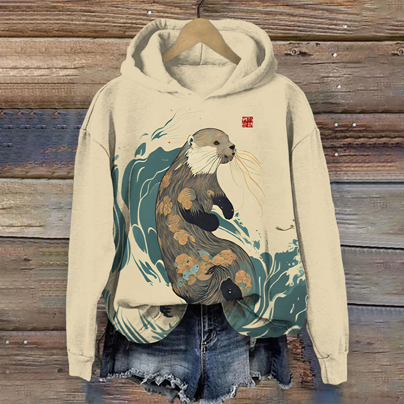 Japanese Style Otters And Waves Print Long Sleeve Hoodie - Khaki - 8XL - image 1