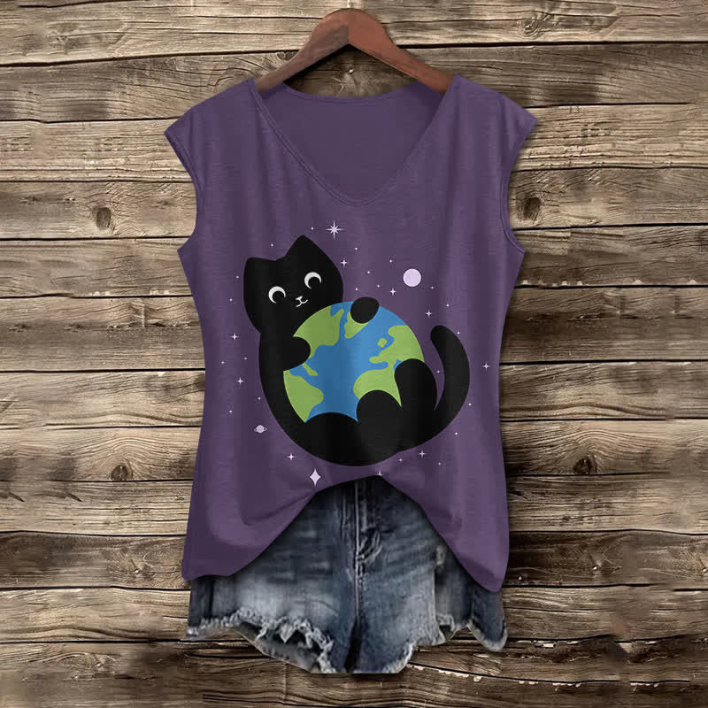 Women's Funny Cat Holding The Earth Art Print V-neck Tank Top - Purple - 5XL - image 5