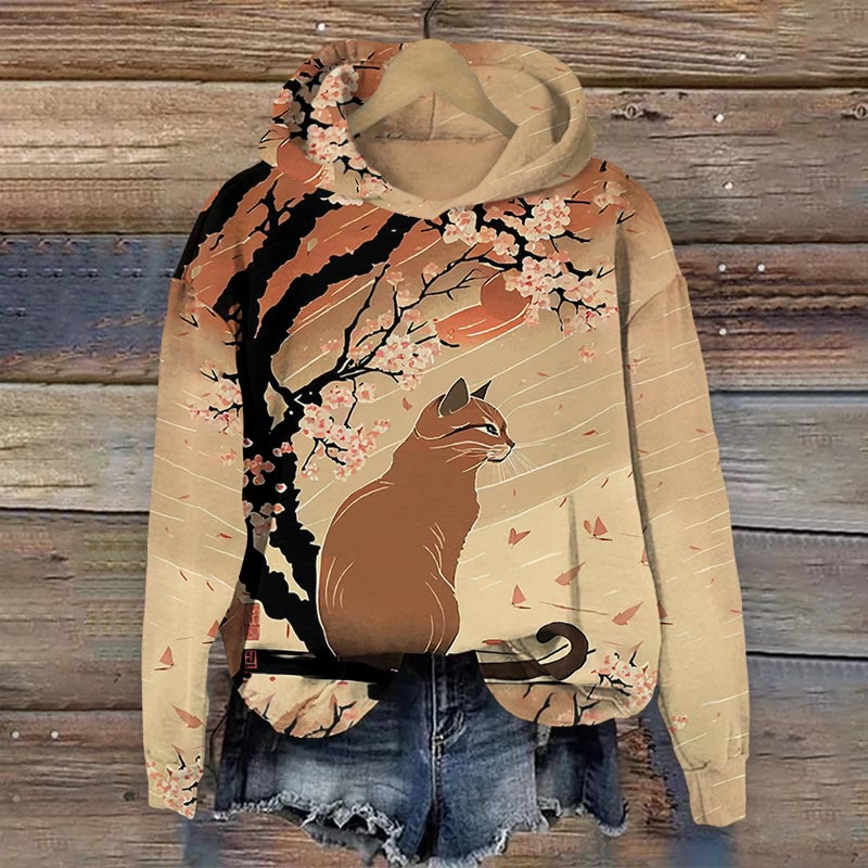 Japanese Ancient Cat On Cherry Blossom Tree Print Hoodie