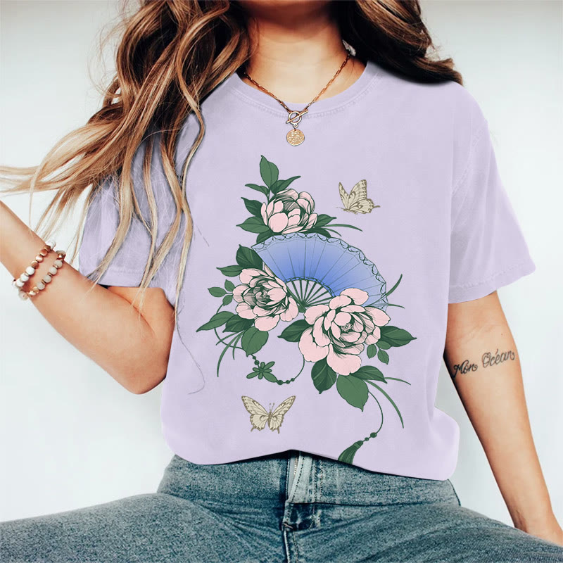 100% Cotton Women's Japanese Style Floral Butterfly Fan Art Print Casual T-shirt - Purple - 2XL - image 3
