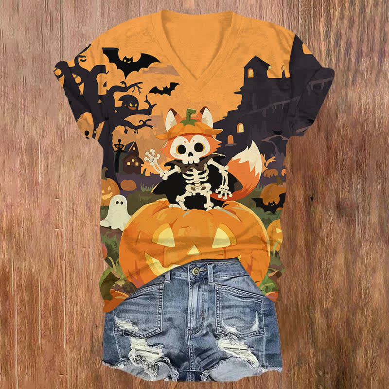 Halloween Bat & Skeleton Fox In A Pumpkin Print V-neck T-shirt - Orange - US32-34(5XL) - image 5