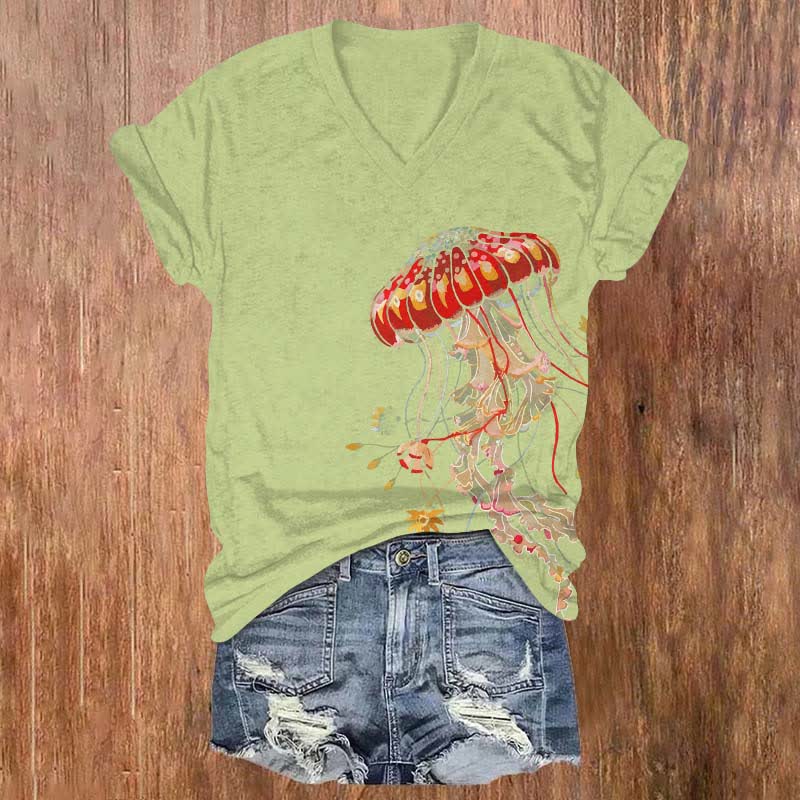 Japanese Creative Fantasy Jellyfish Art Print V-neck T-shirt - Green - US32-34(5XL) - image 3