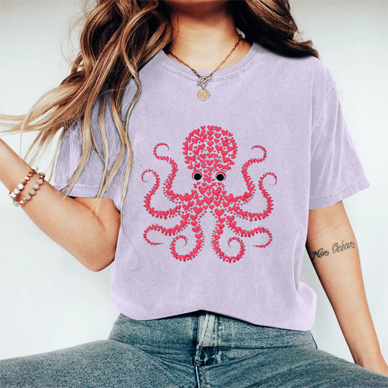 100% Cotton Valentine's Day Octopus Heart T-shirt - Purple - 2XL - image 9