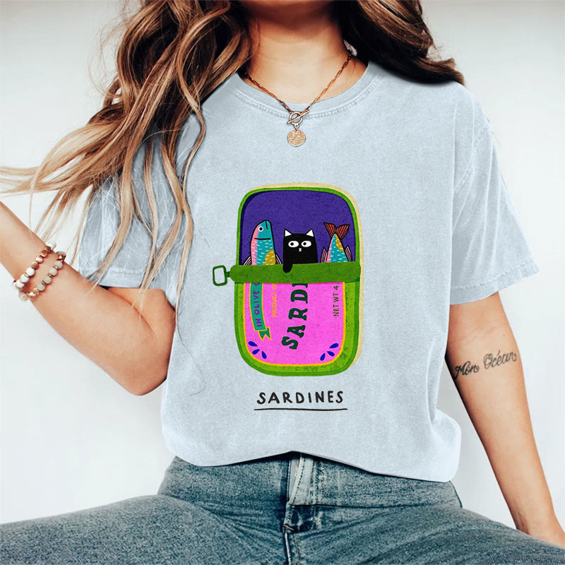 100% Cotton Women's Lovely Black Cat & Sardines Art Print Casual T-shirt - Blue - 2XL - image 8