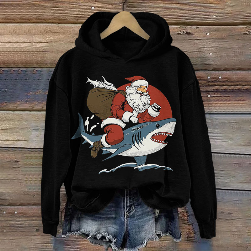 Santa Claus Riding A Shark Christmas Print Long Sleeve Hoodie - Black - US44-46(8XL) - image 2