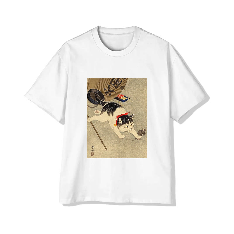 Unisex Japanese  Ukiyo-e Style Cat Catching A Mouse  Art Pattern Cotton Print T-shirt - White - US20-22(3XL) - image 3