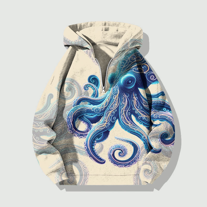 Unisex Vintage Wise Ocean Octopus Half Zip Hoodie - Apricot - US32-34(5XL) - image 4