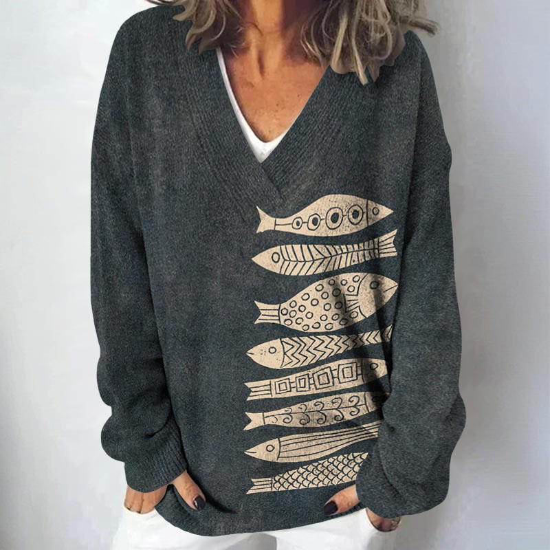 Fish Japanese Lino Art print causal V-neck Pullover Sweater - Black - 4XL - image 2