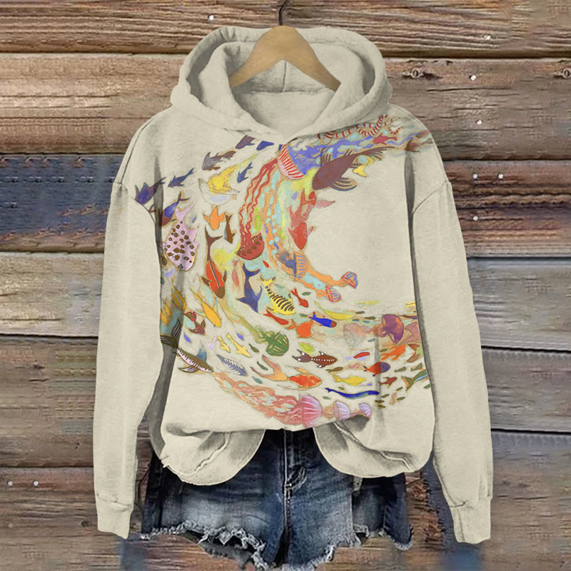 Japanese Oil School Of Fish And Jellyfish Print Long Sleeve Hoodie - Apricot - US44-46(8XL) - image 2