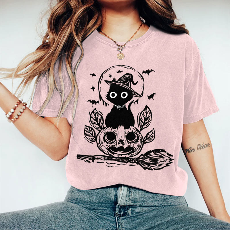 100% Cotton Women's Halloween Ink Watercolor Pumpkin Cat Art Print Casual T-shirt - Pink - 2XL - image 4